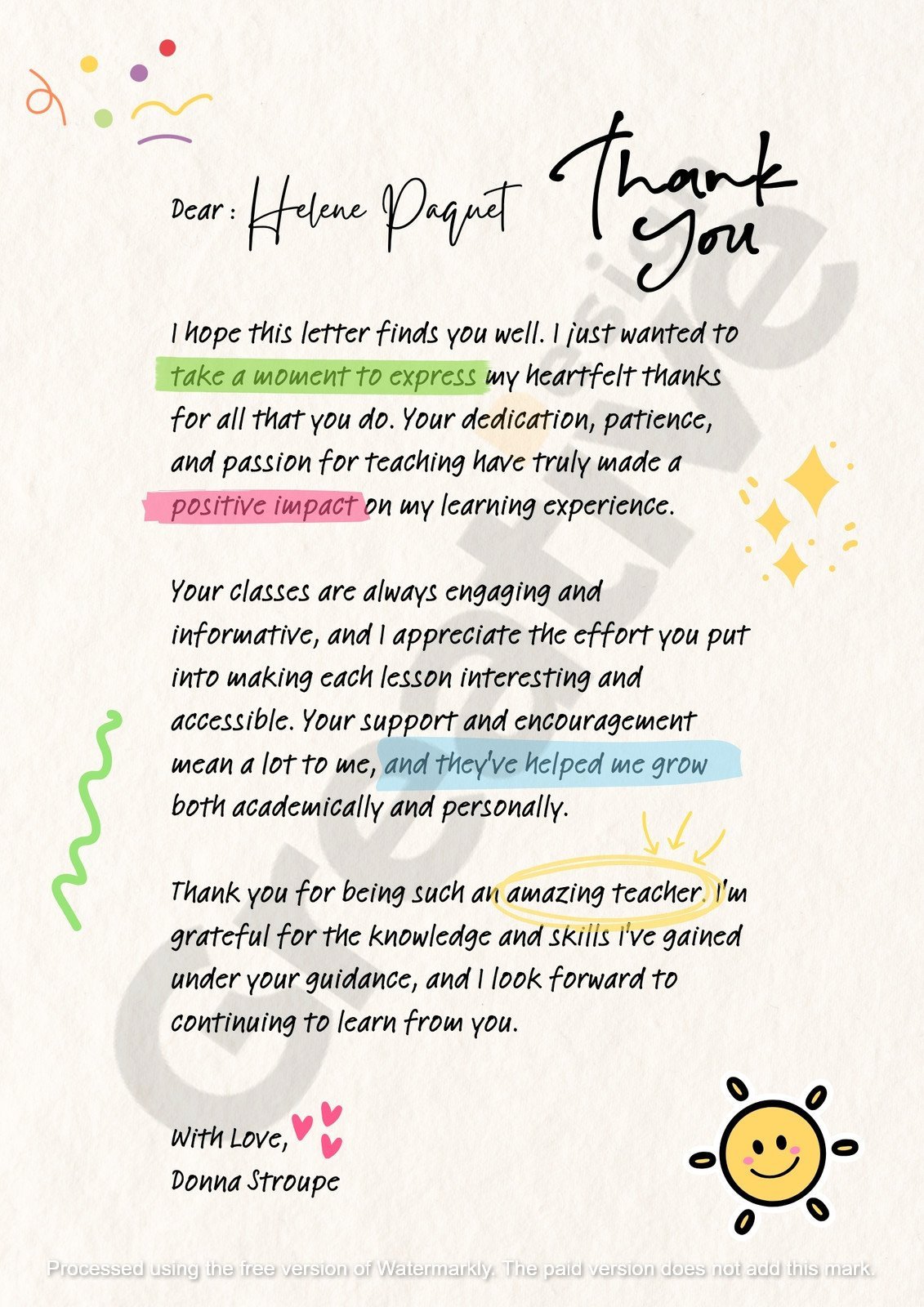 Others blue cute personal teacher thank you letter to template a simple‚ modern‚ and creative approach