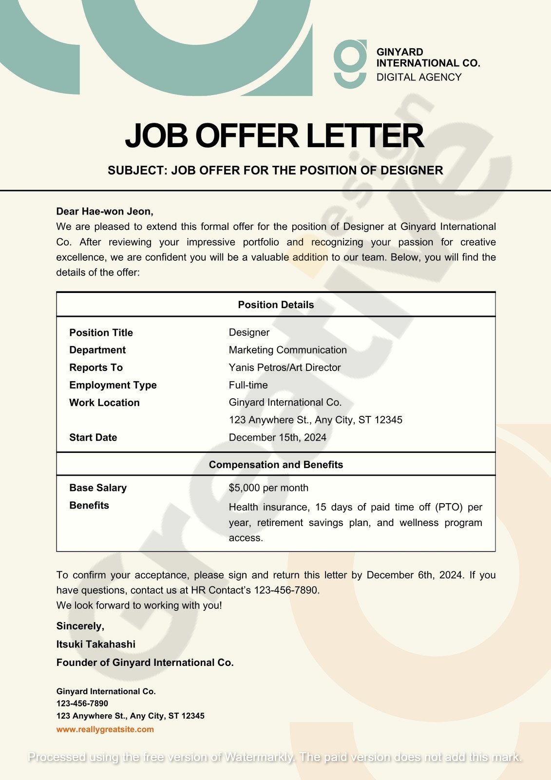 Others beige modern professional job offer letter of recommendation themes