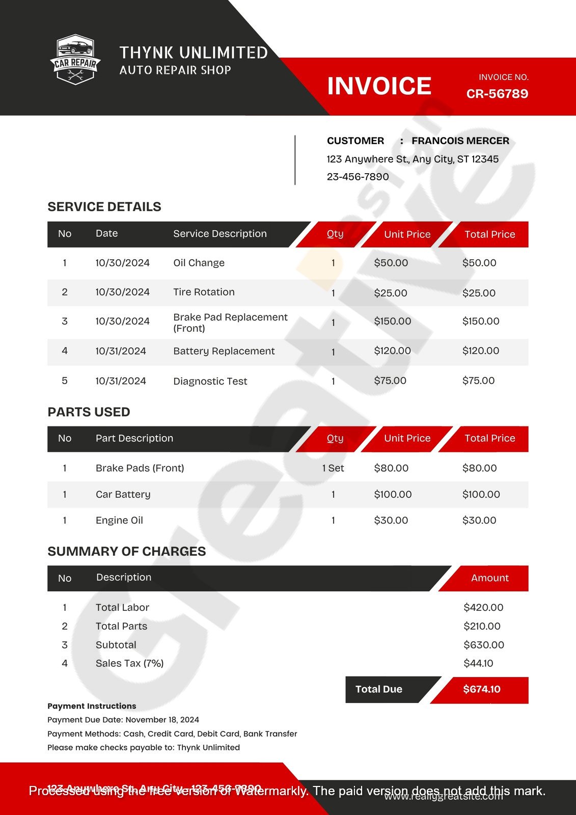 Invoice black and red modern simple auto service repair automotive best templates & complete guide