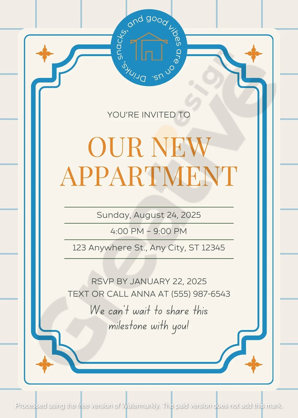 Blue and white simple retro apartment warming party invitation