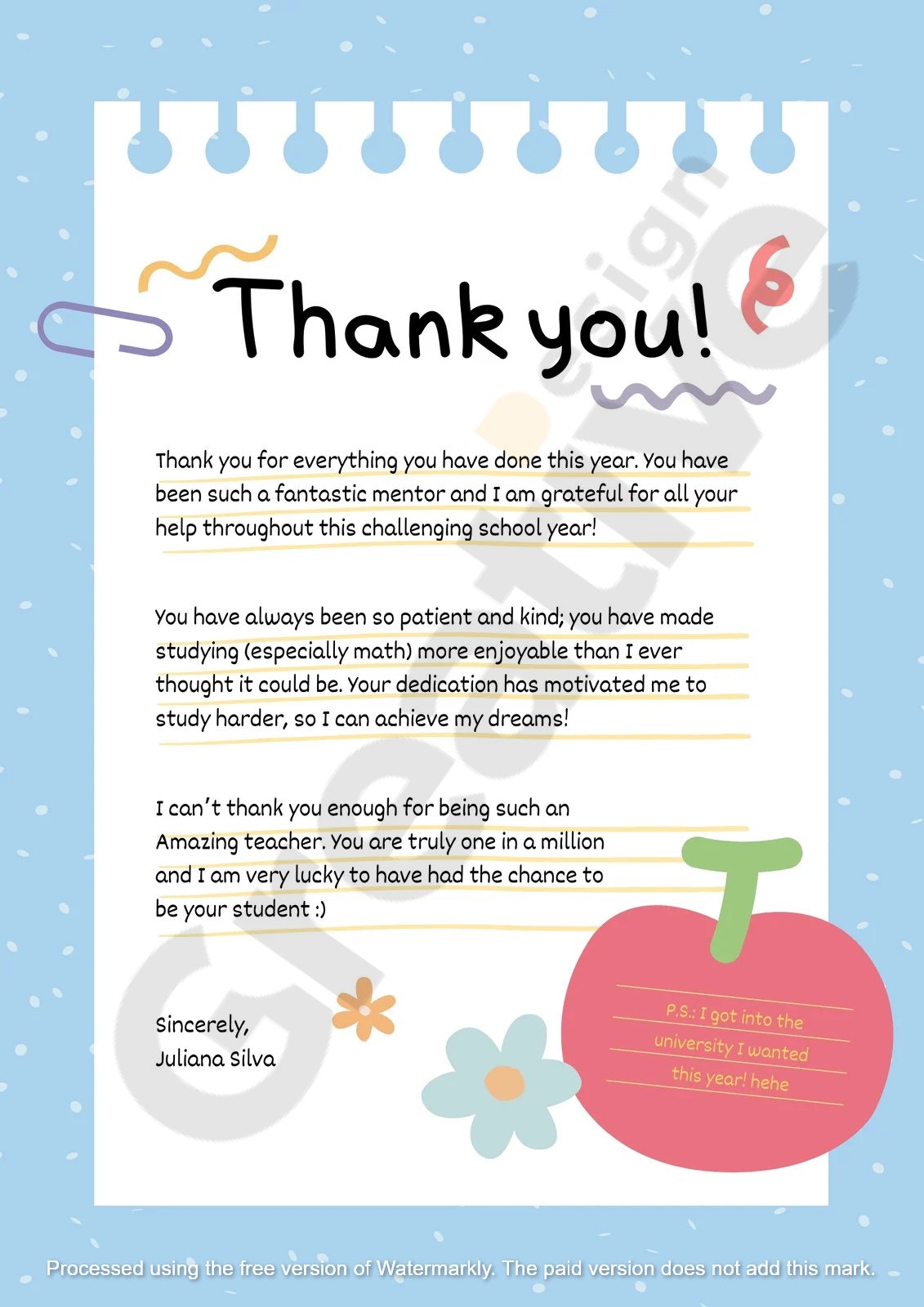 Others blue cute personal teacher thank you letter to template a simple‚ modern‚ and creative approach