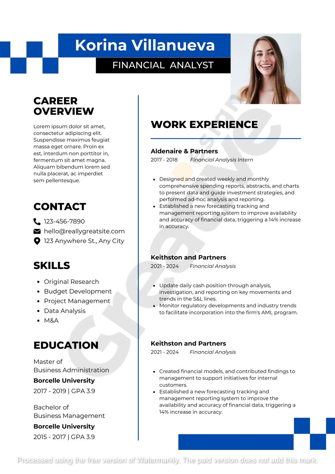 Resume blue modern minimalist financial analyst profesional cv professional expert guide & free template