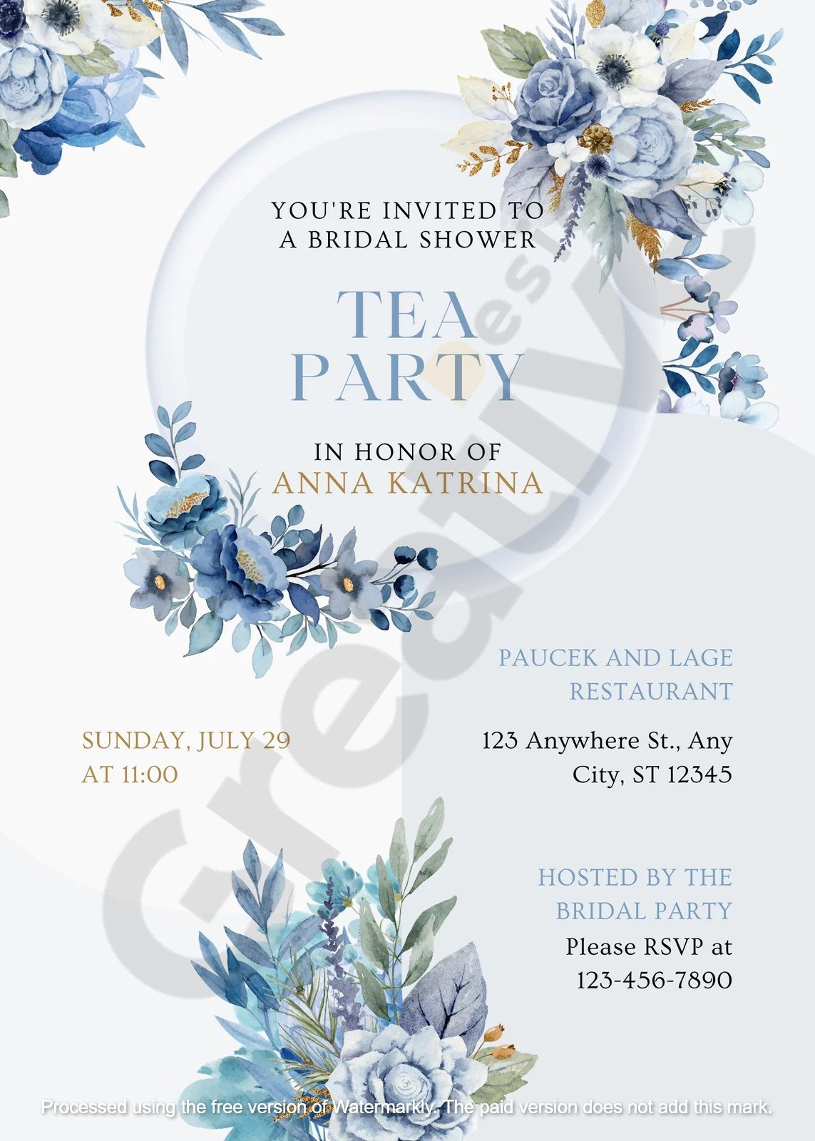Blue watercolor tea party bridal shower invitations