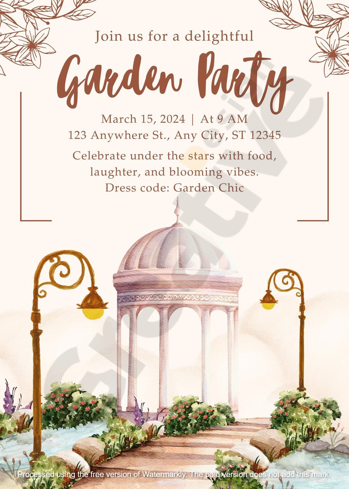 Brown illustrated elegant garden party invitation
