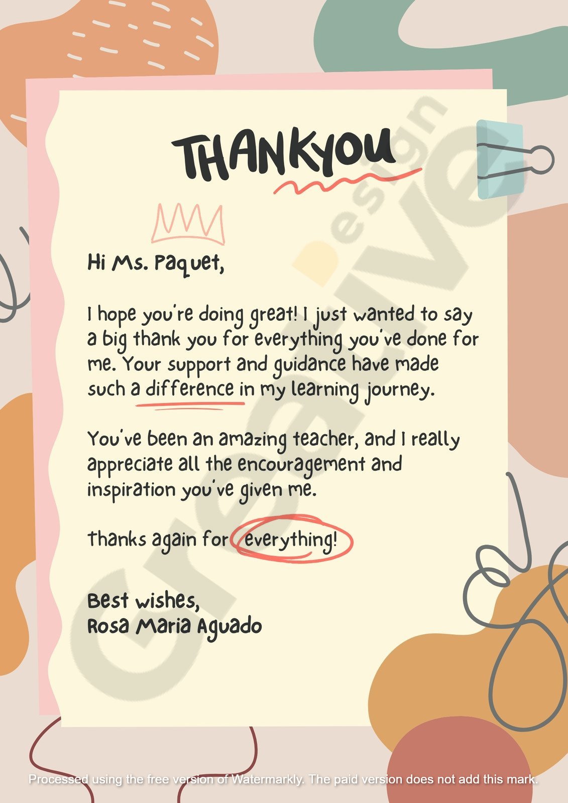 Others blue cute personal teacher thank you letter to template a simple‚ modern‚ and creative approach