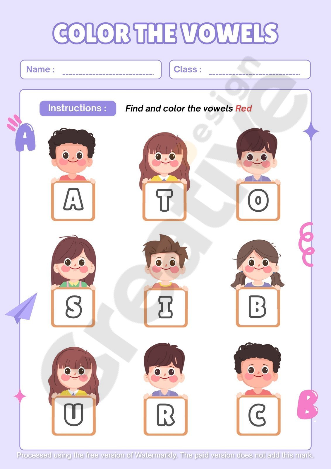 Worksheet english coloring vowels white purple - printable template with theme