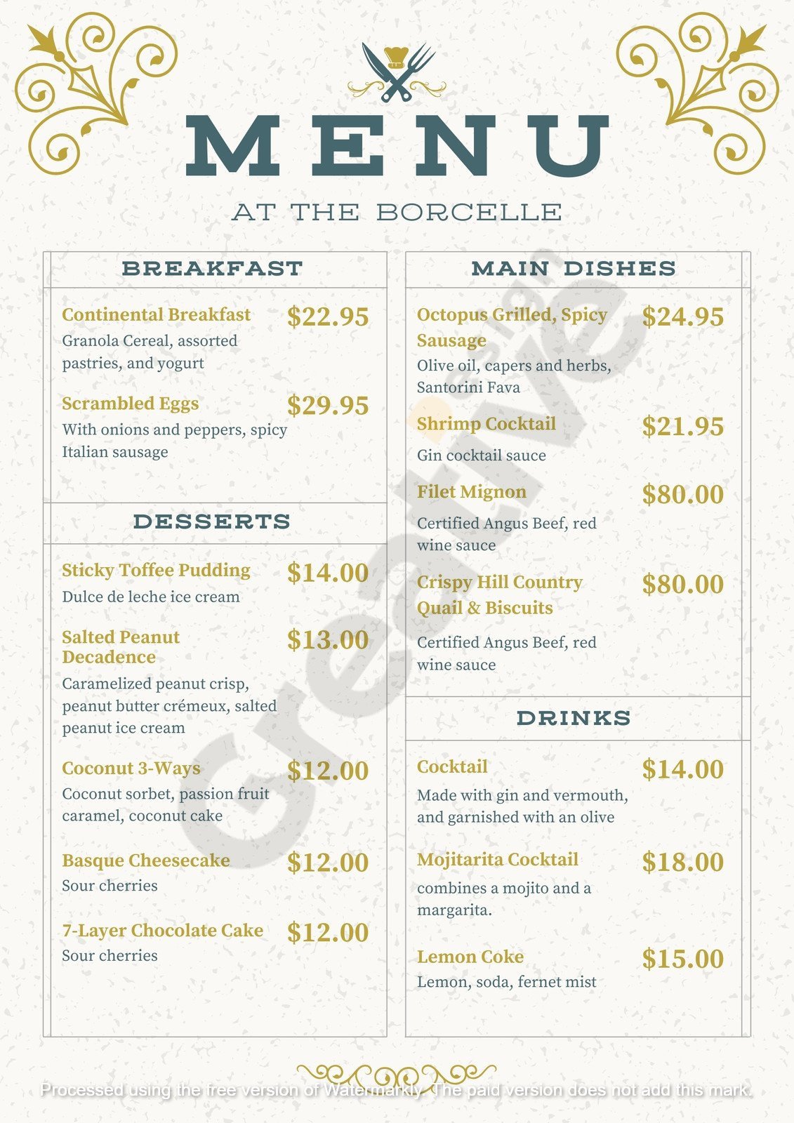 Others gold gray bordered modern elegant printable restaurant menu simple food best templates & tips