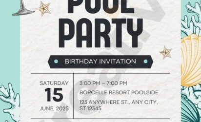 Green illustrative summer tropical pool party invitation