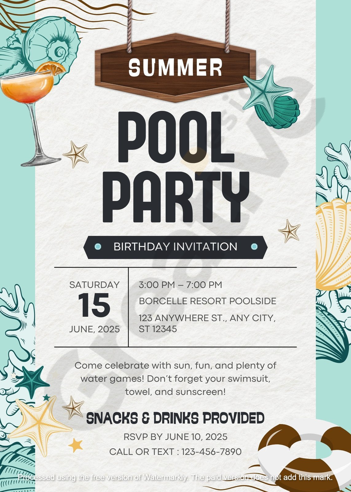Green illustrative summer tropical pool party invitation