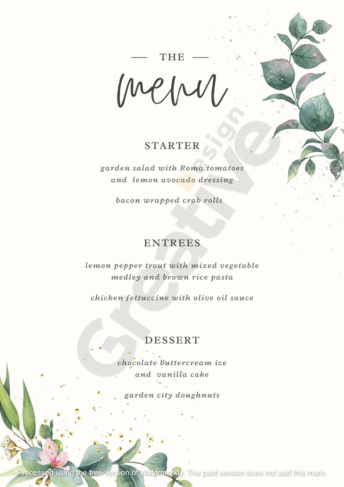 Green minimalist watercolor flower wedding menu