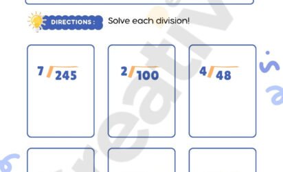 Long division worksheet in white blue playful style for kids