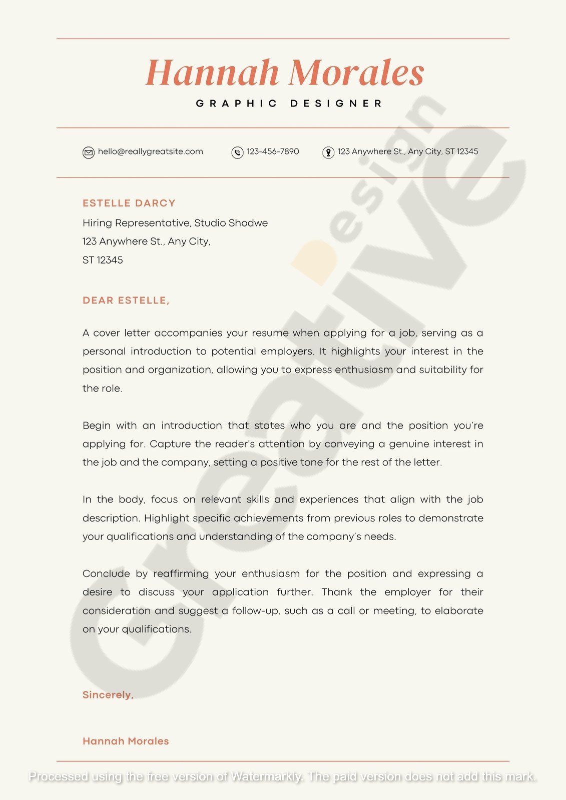 Cover letter orange cream clean minimalist professional simple