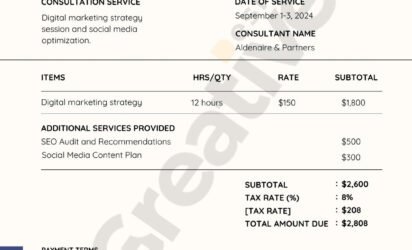 Printable white digital freelance business consultation invoice template