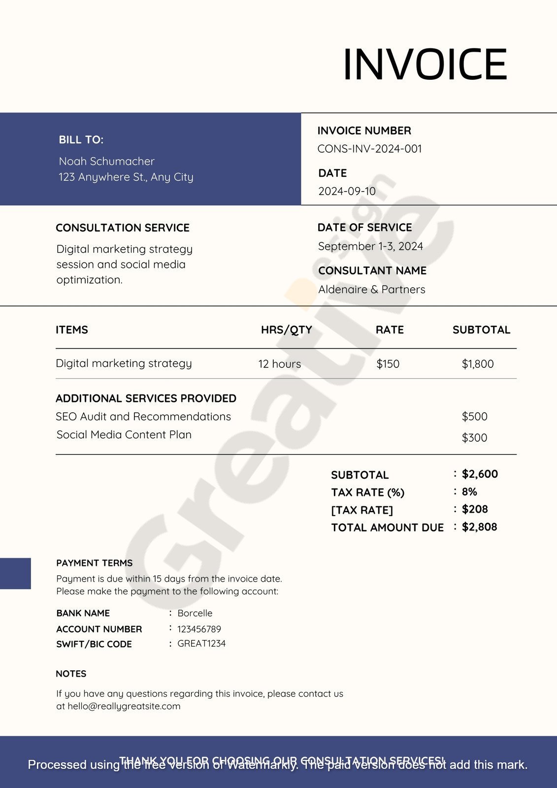 Invoice printable white digital freelance business consultation template free &