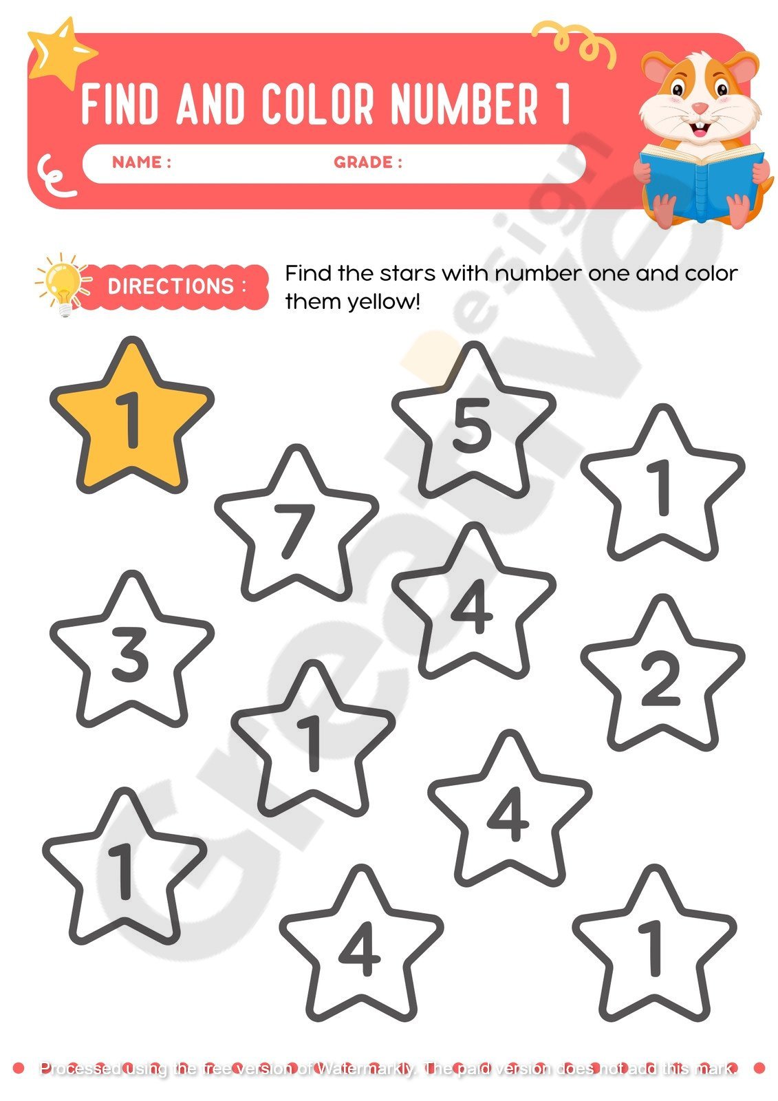 Simple find and color number 1 worksheets for preschool