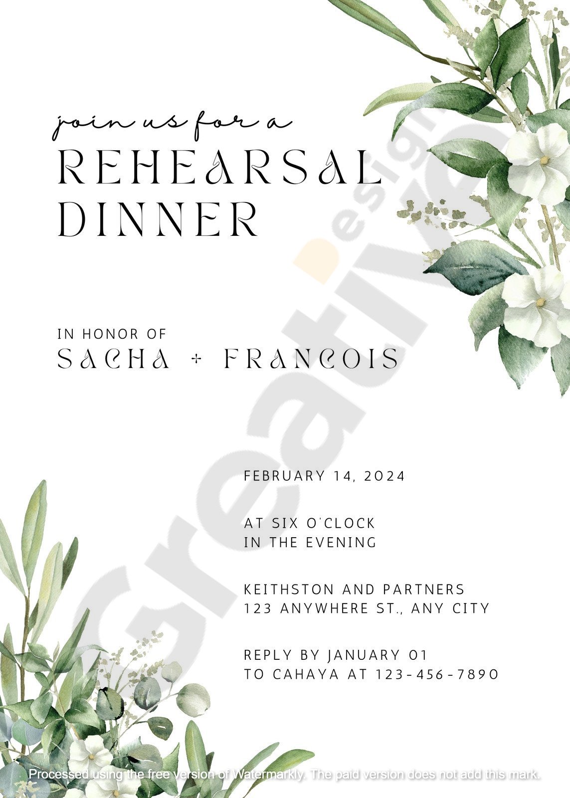 Simple green floral watercolor rehearsal dinner invitation