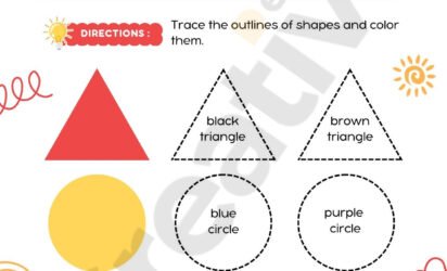 Trace and color the shapes for kindergarten worksheet in playful style