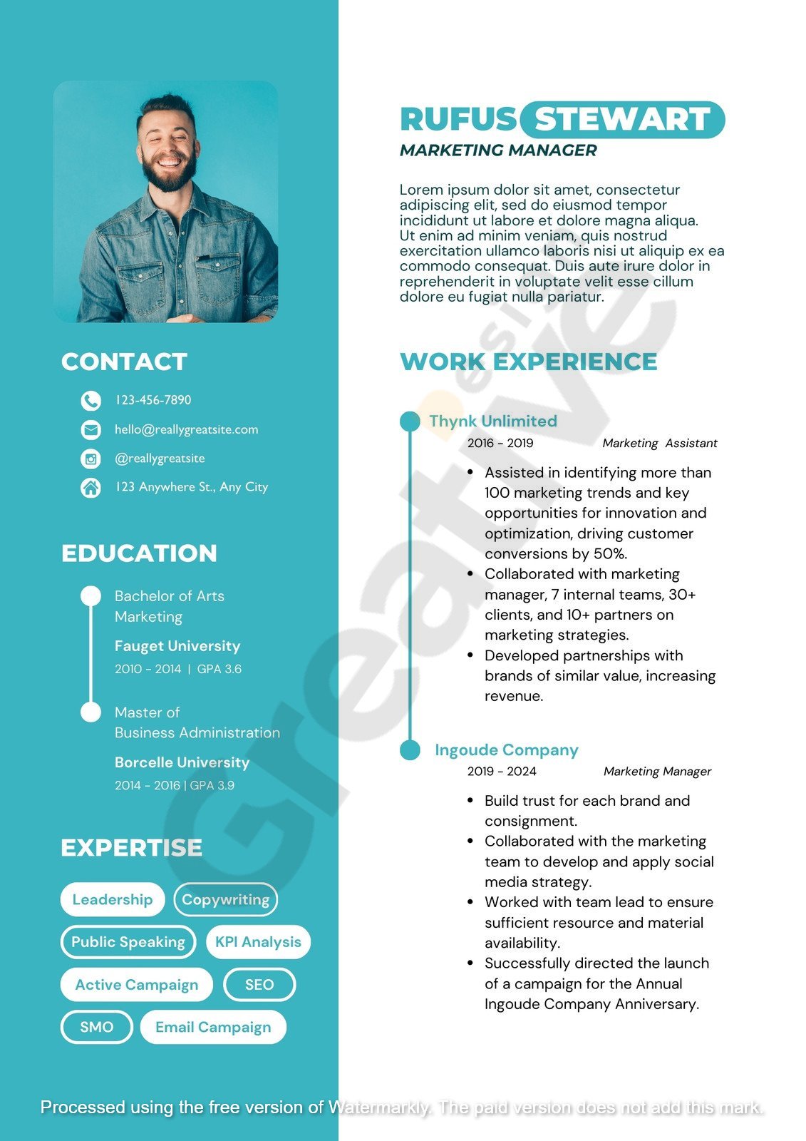 Resume turquoise modern minimalist marketing manager profesional cv template white simple &