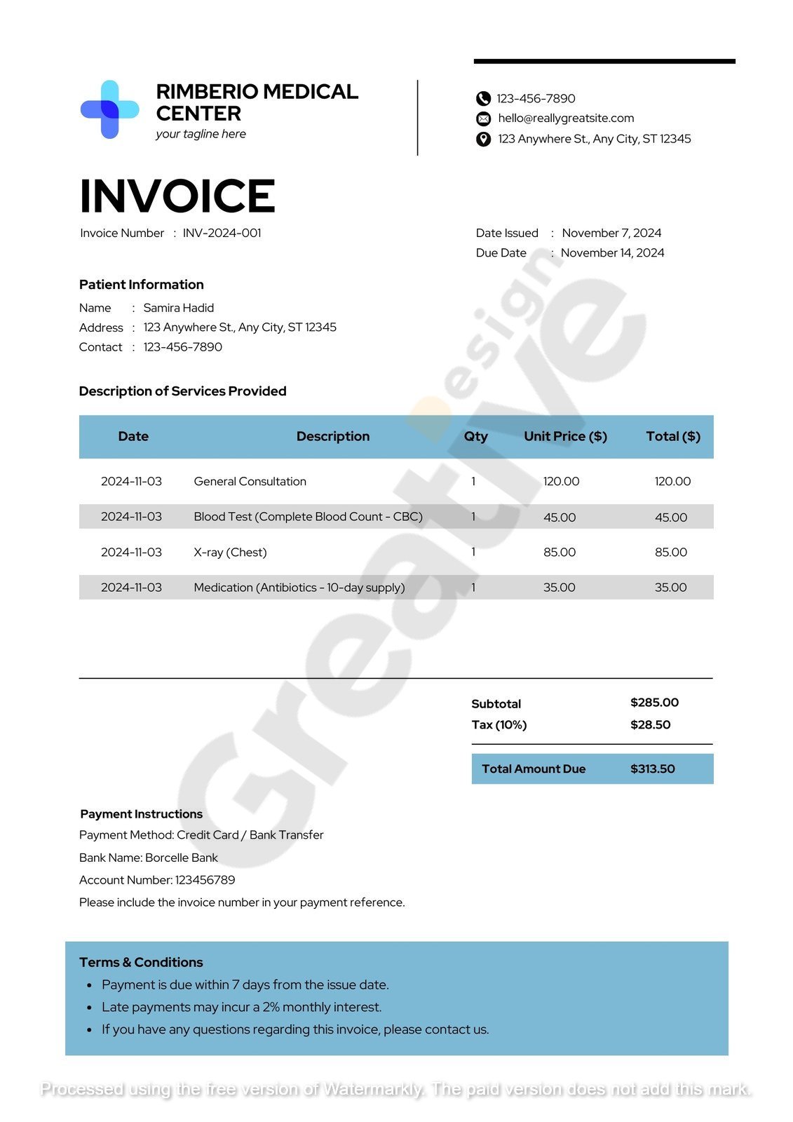 White blue simple modern medical invoice template