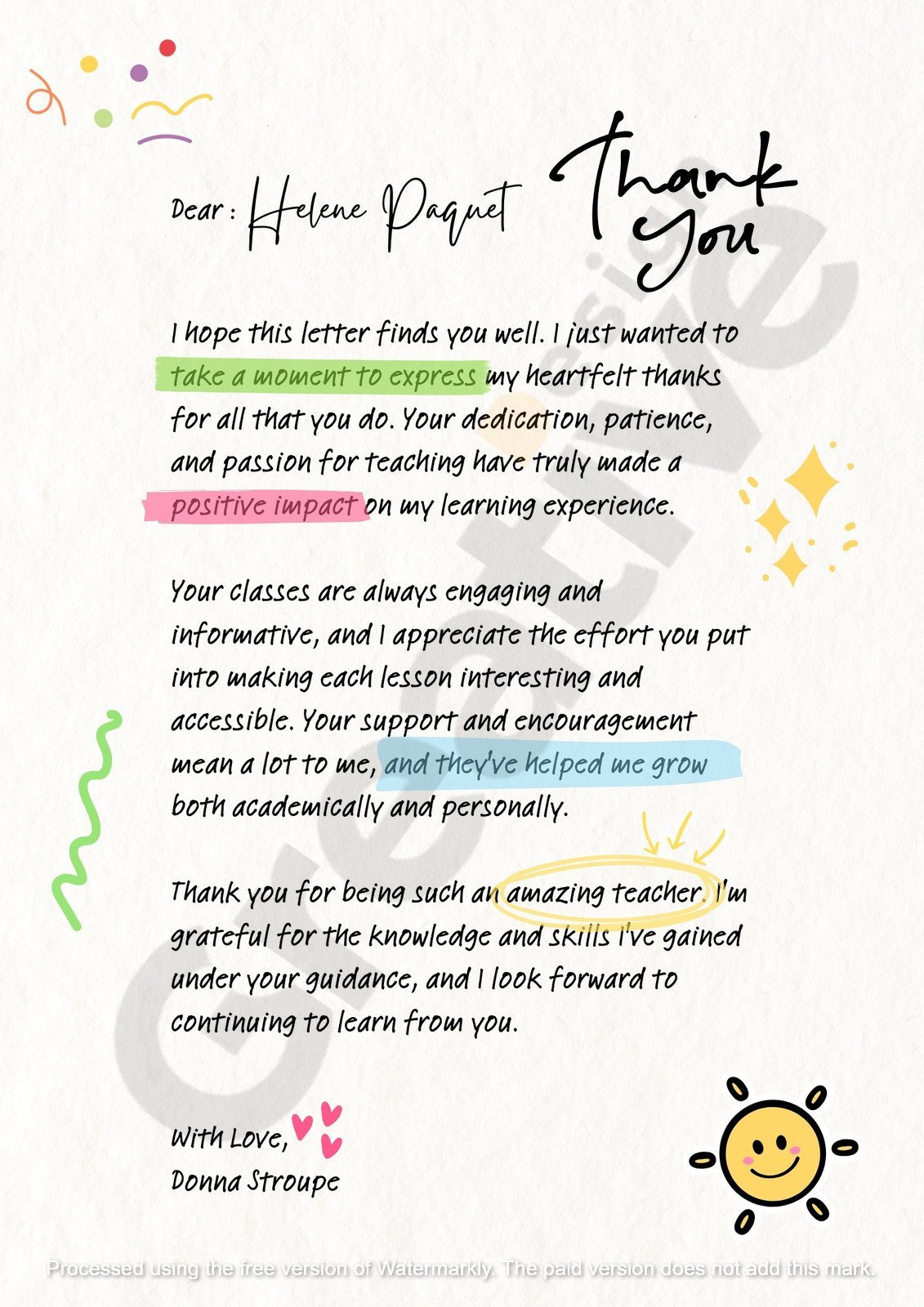 Others blue cute personal teacher thank you letter to template a simple‚ modern‚ and creative approach