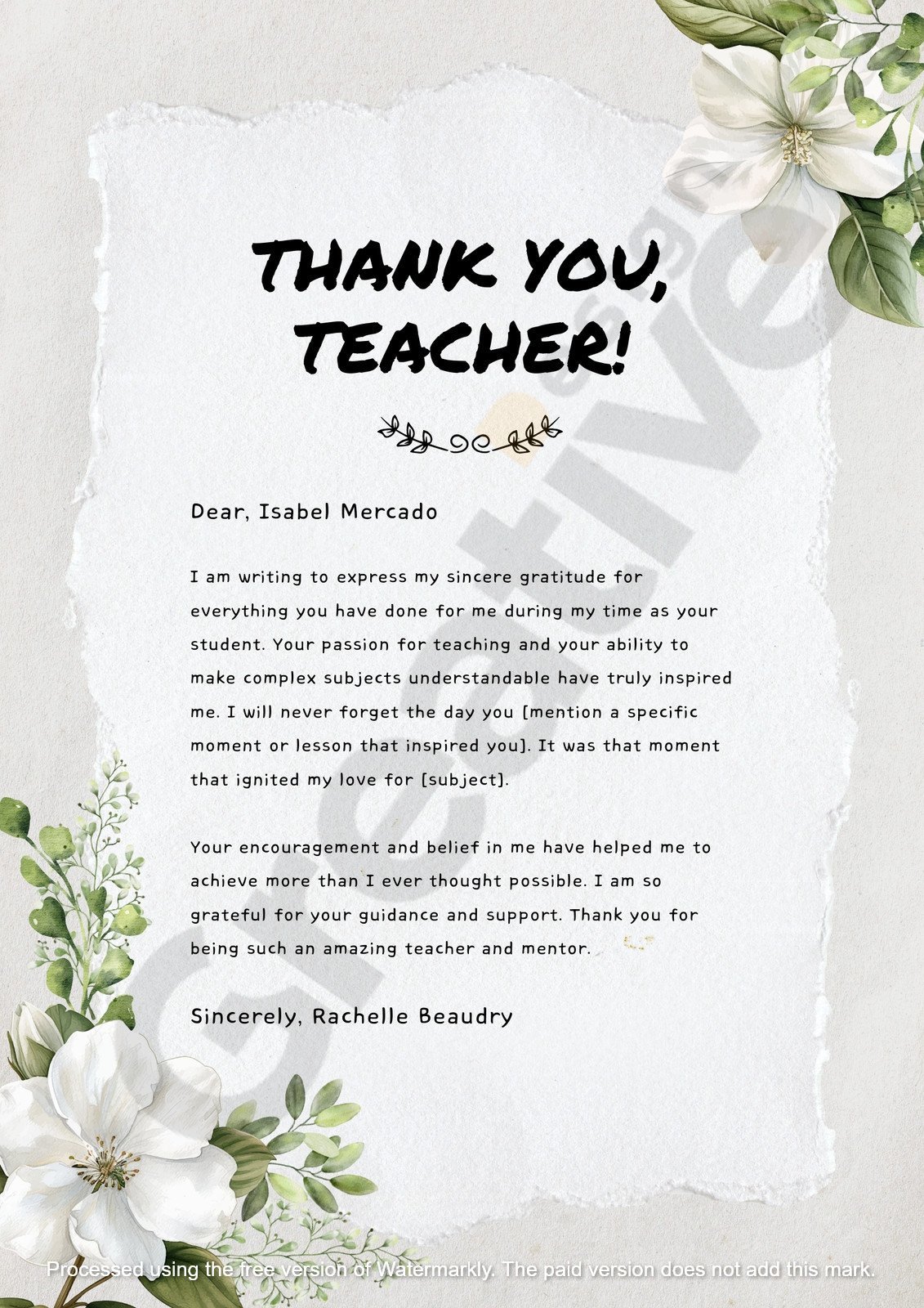 White green floral classic thank you letter