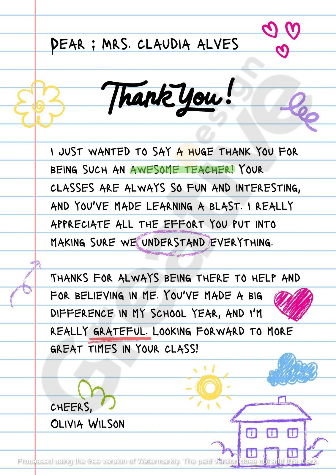 White playful thank you letter to teacher