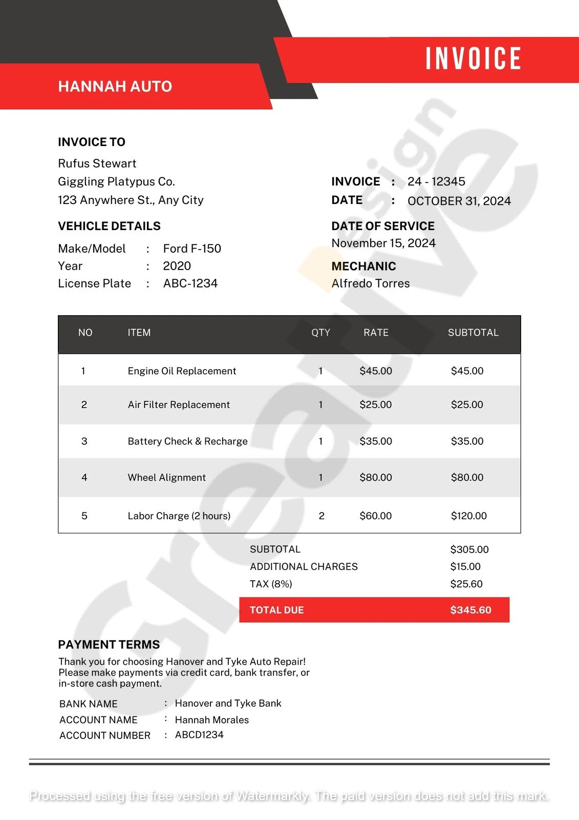 Invoice black and red modern simple auto service repair automotive best templates & complete guide