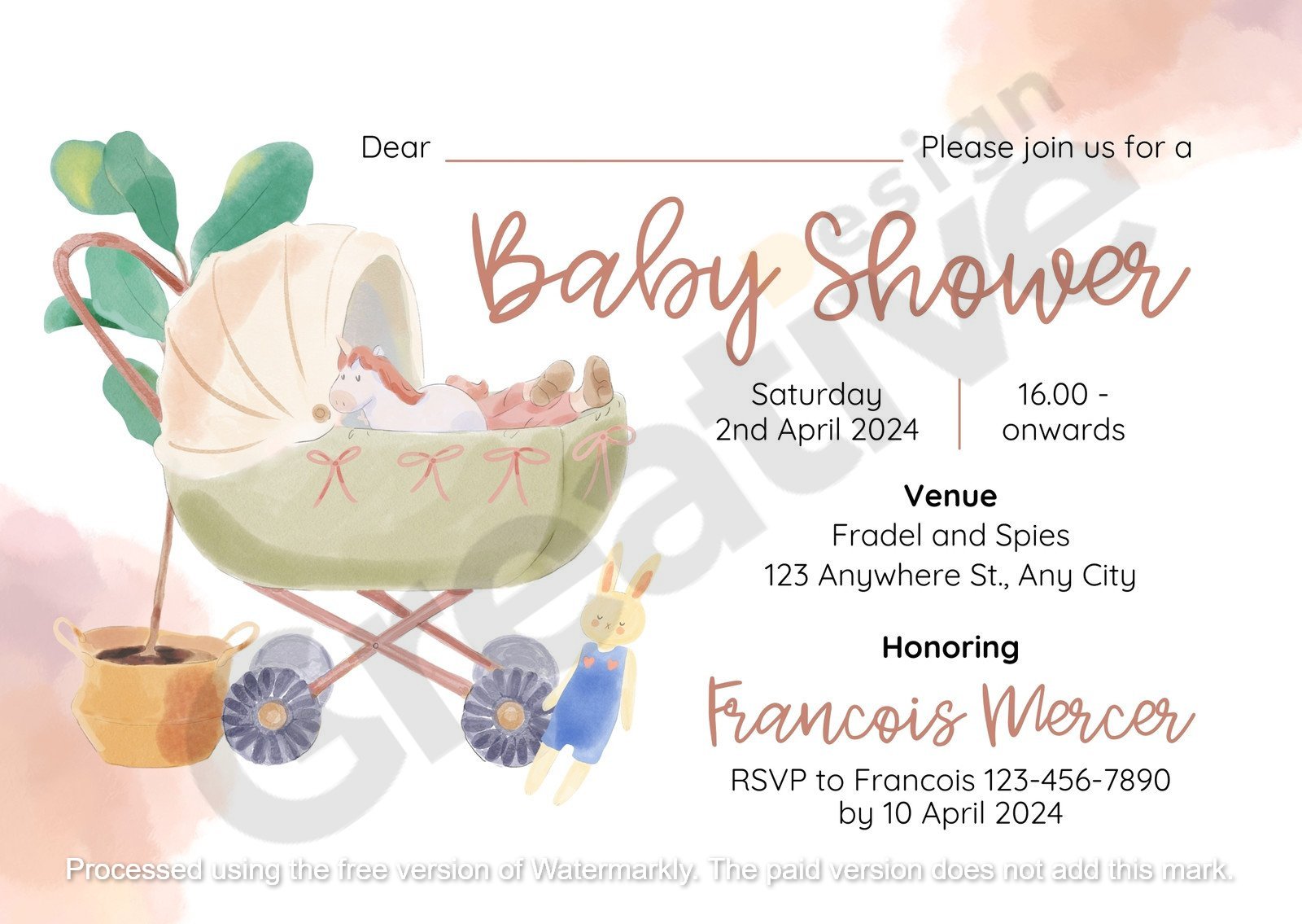White watercolor illustrative baby shower card invitation