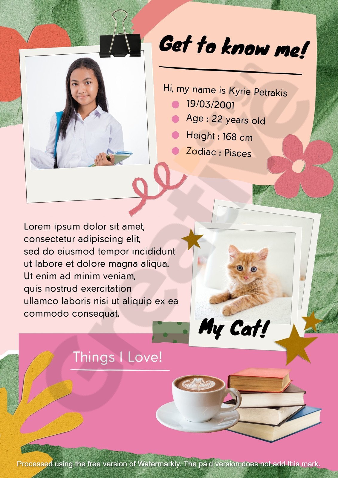 Green and pink scrapbook personal profile about me poster