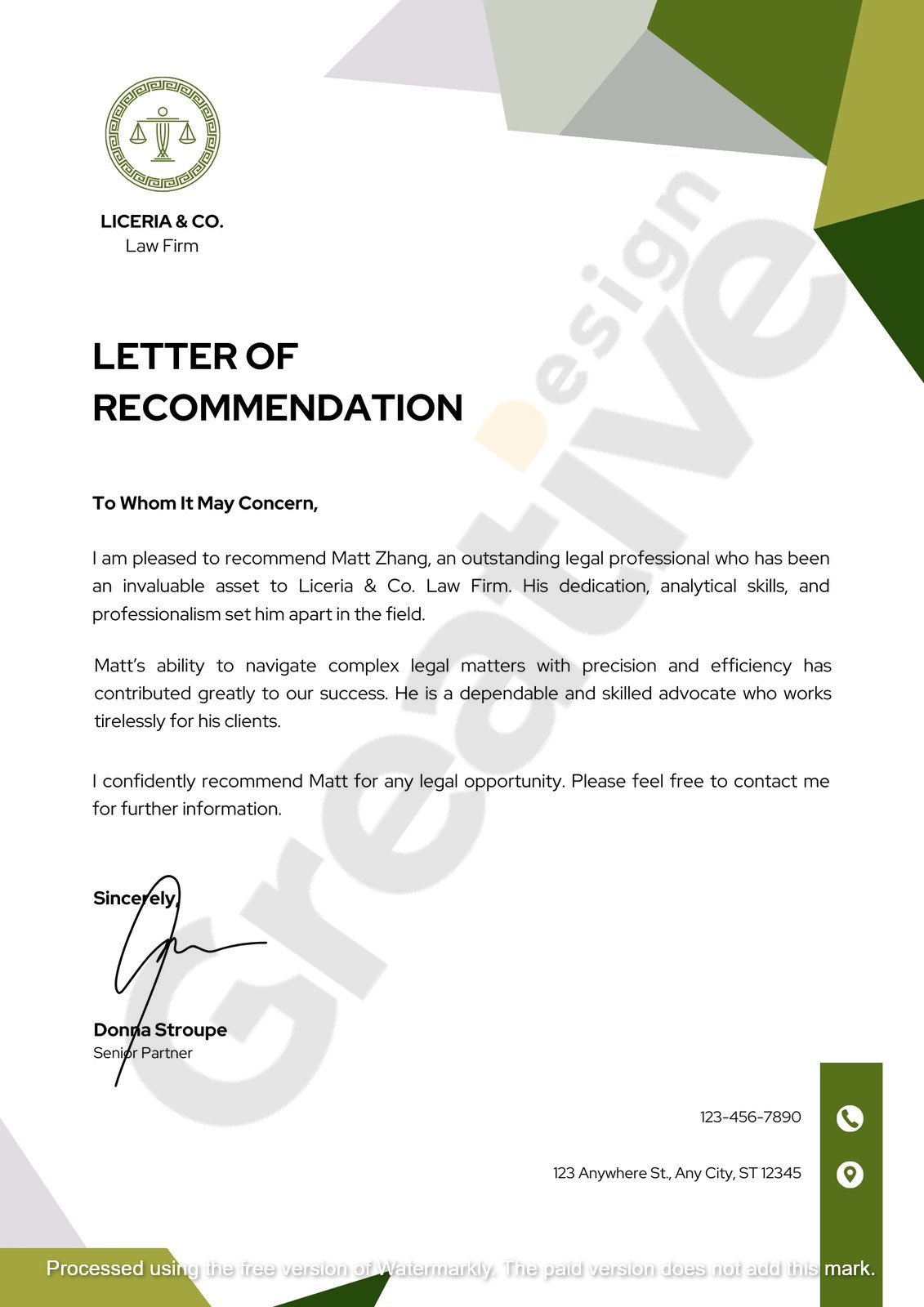 Green and white modern simple minimalist geometric recommendation letter