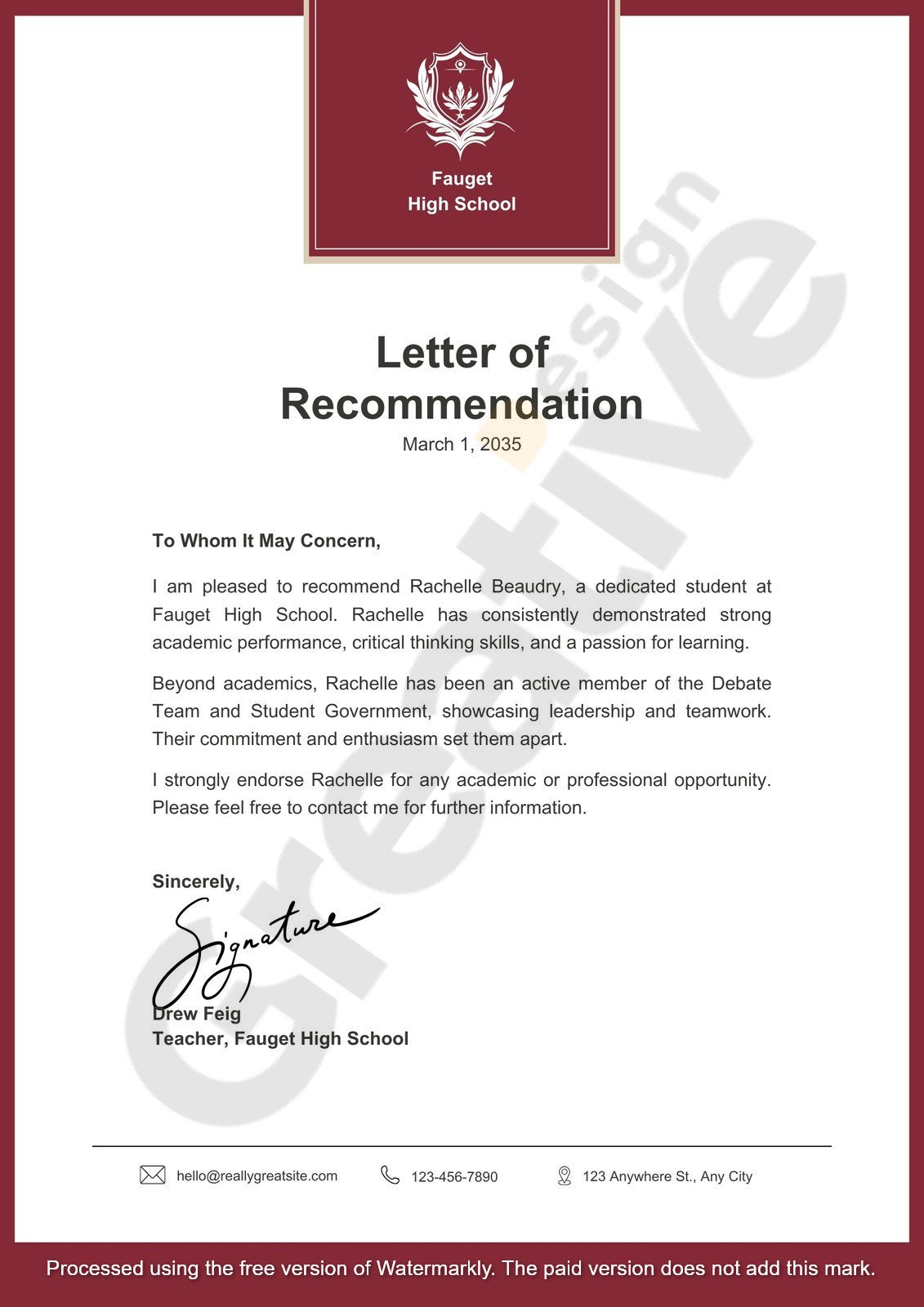 Maroon and white simple modern minimalist professional high school recommendation letter