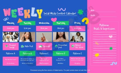 Blue pink colorful weekly social media content calendar