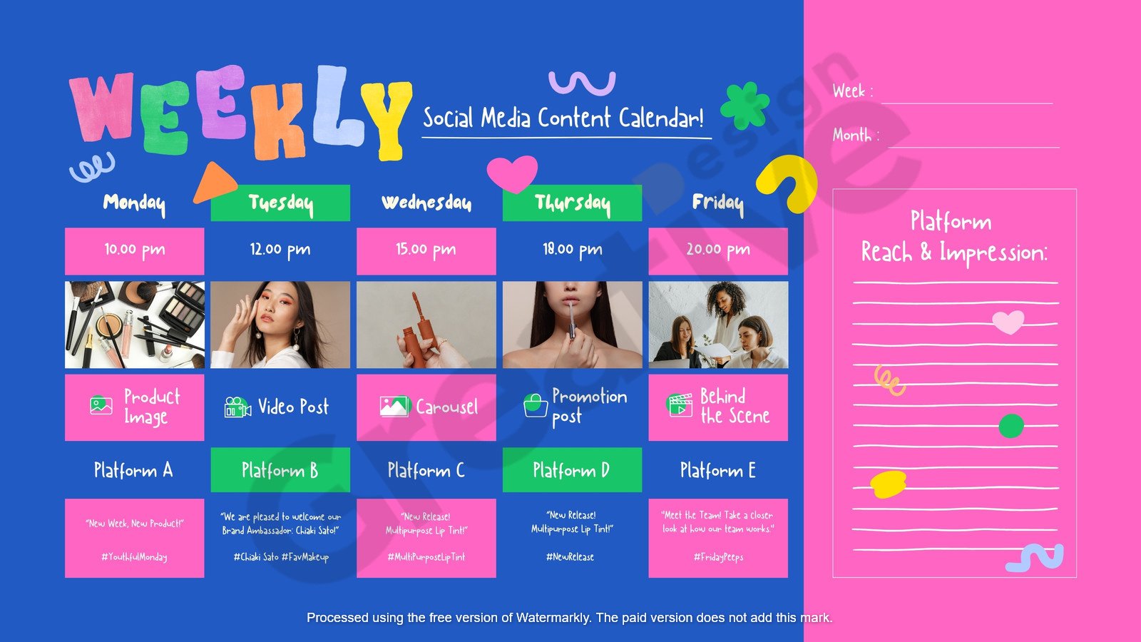 Blue pink colorful weekly social media content calendar