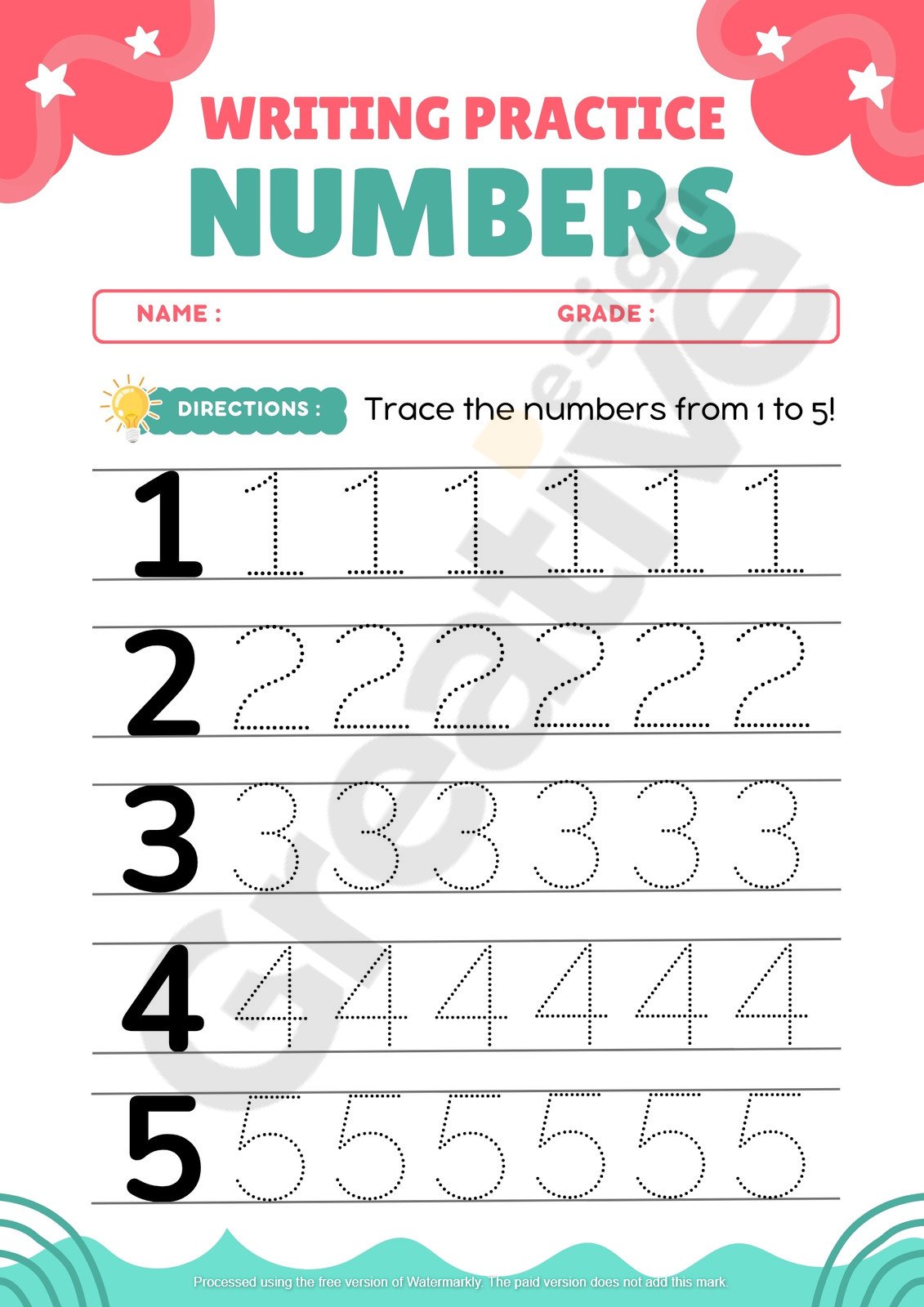 Worksheet colorful tracing numbers 1 5 foundational 1-5 for preschool & kindergarten