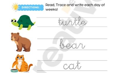 Cursive animal writing practice worksheet illustration style