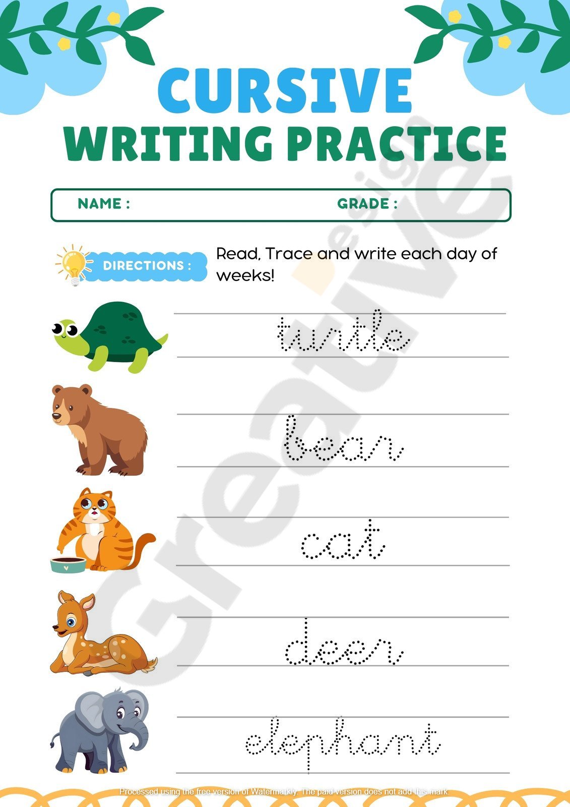Cursive animal writing practice worksheet illustration style