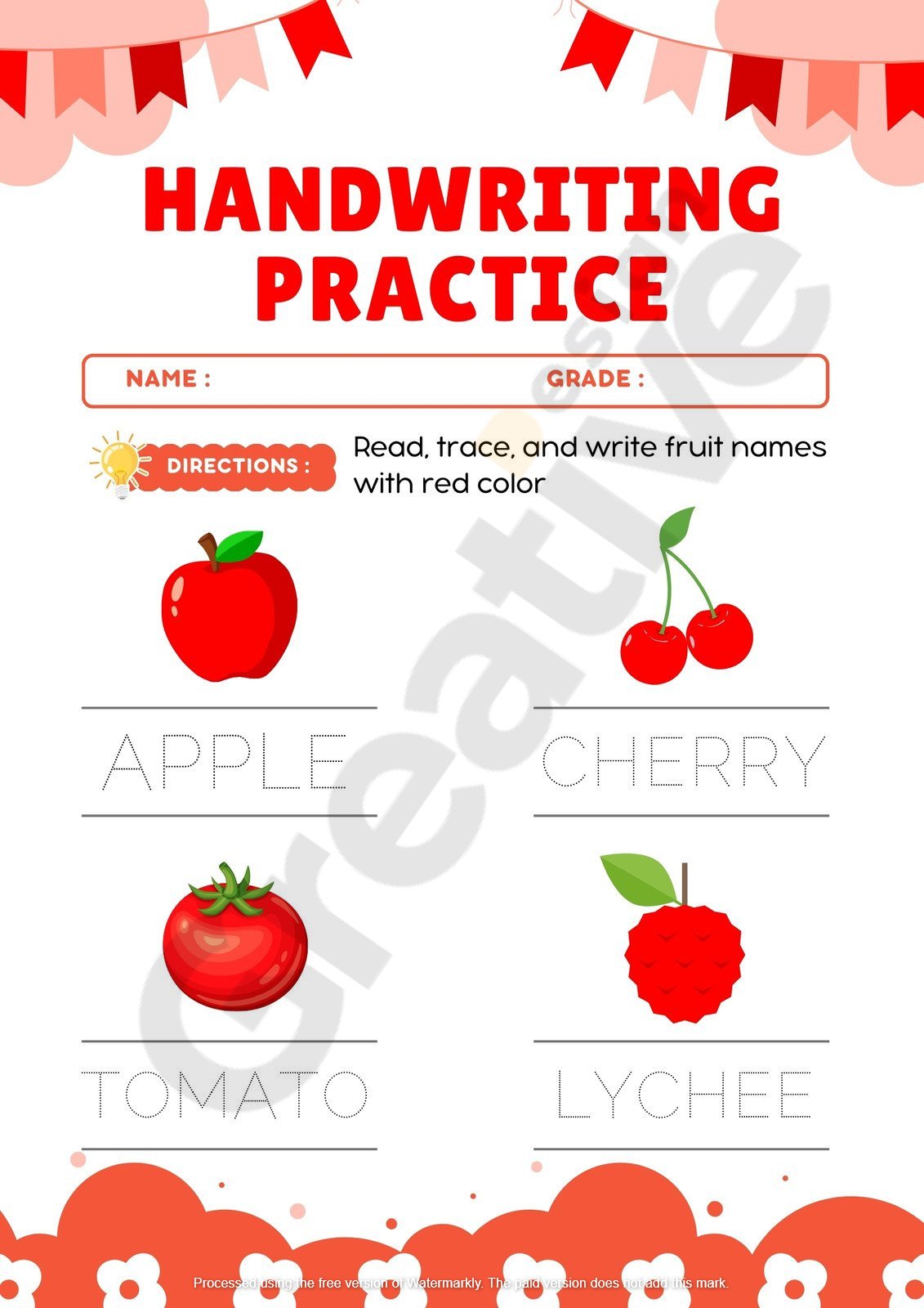 Handwriting practice fruits worksheet white and red