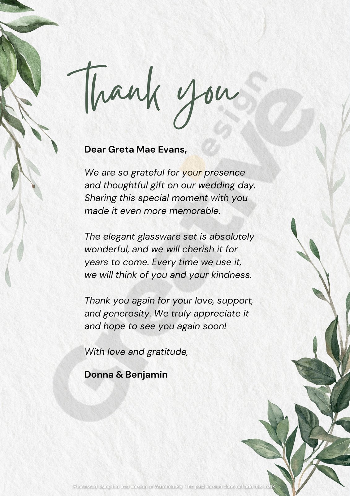 Letter tropical green and white modern simple elegant wedding thank you